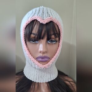 Chic White and Pink Knit Balaclava